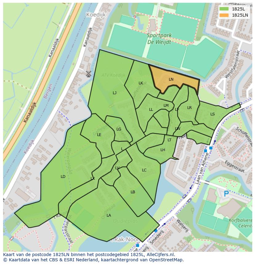 Afbeelding van het postcodegebied 1825 LN op de kaart.