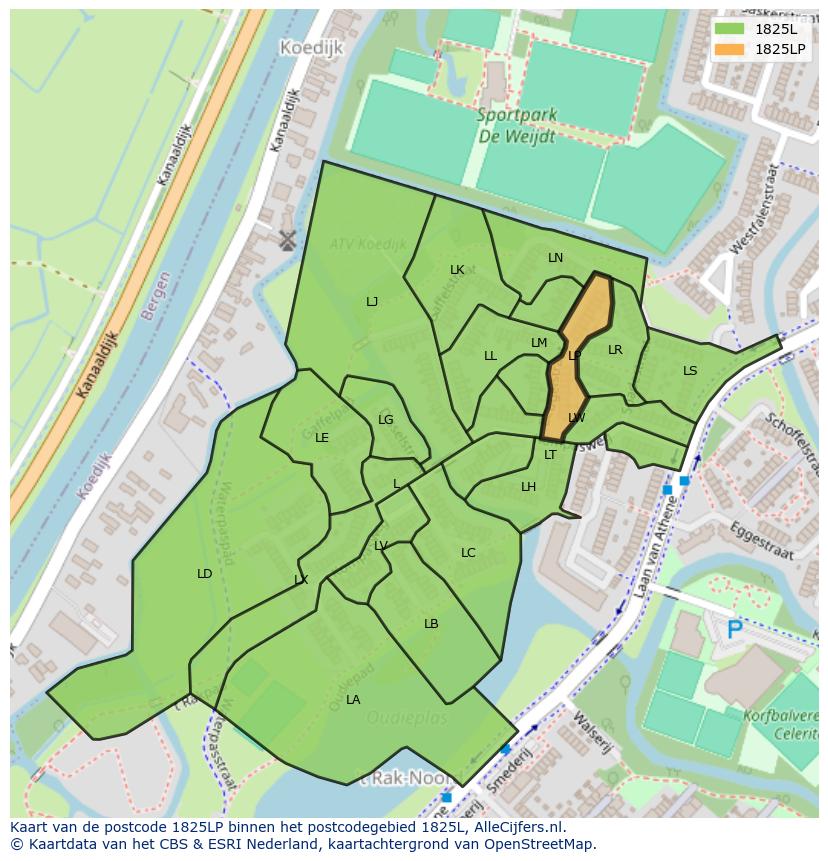 Afbeelding van het postcodegebied 1825 LP op de kaart.