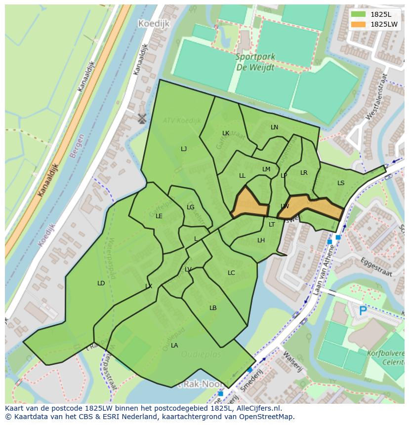 Afbeelding van het postcodegebied 1825 LW op de kaart.