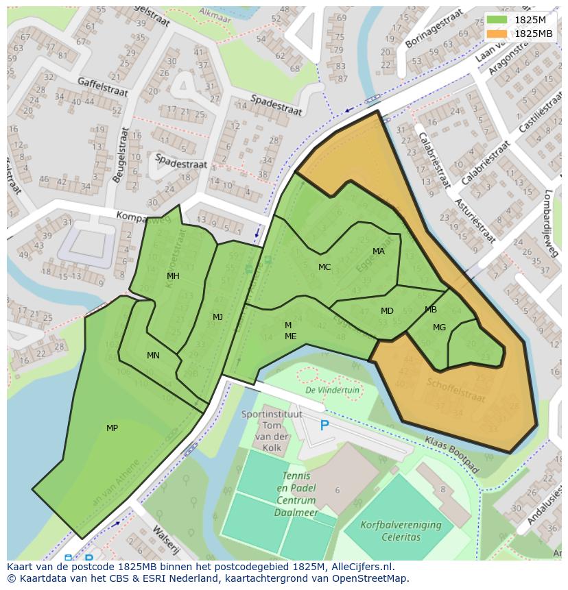 Afbeelding van het postcodegebied 1825 MB op de kaart.