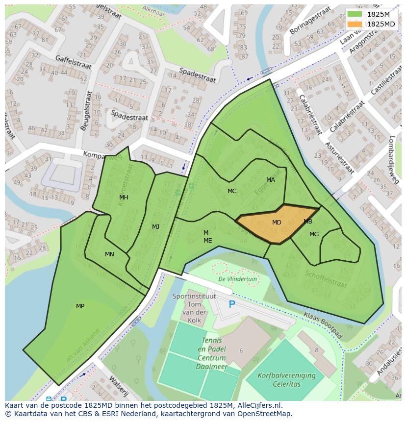 Afbeelding van het postcodegebied 1825 MD op de kaart.