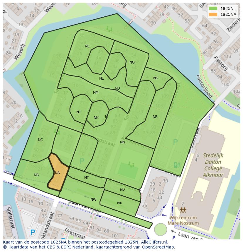 Afbeelding van het postcodegebied 1825 NA op de kaart.
