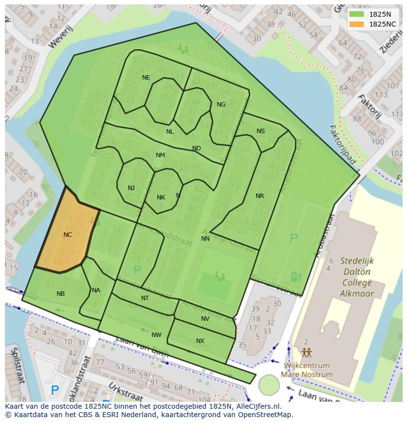 Afbeelding van het postcodegebied 1825 NC op de kaart.