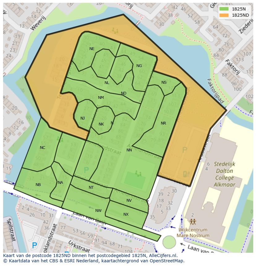 Afbeelding van het postcodegebied 1825 ND op de kaart.