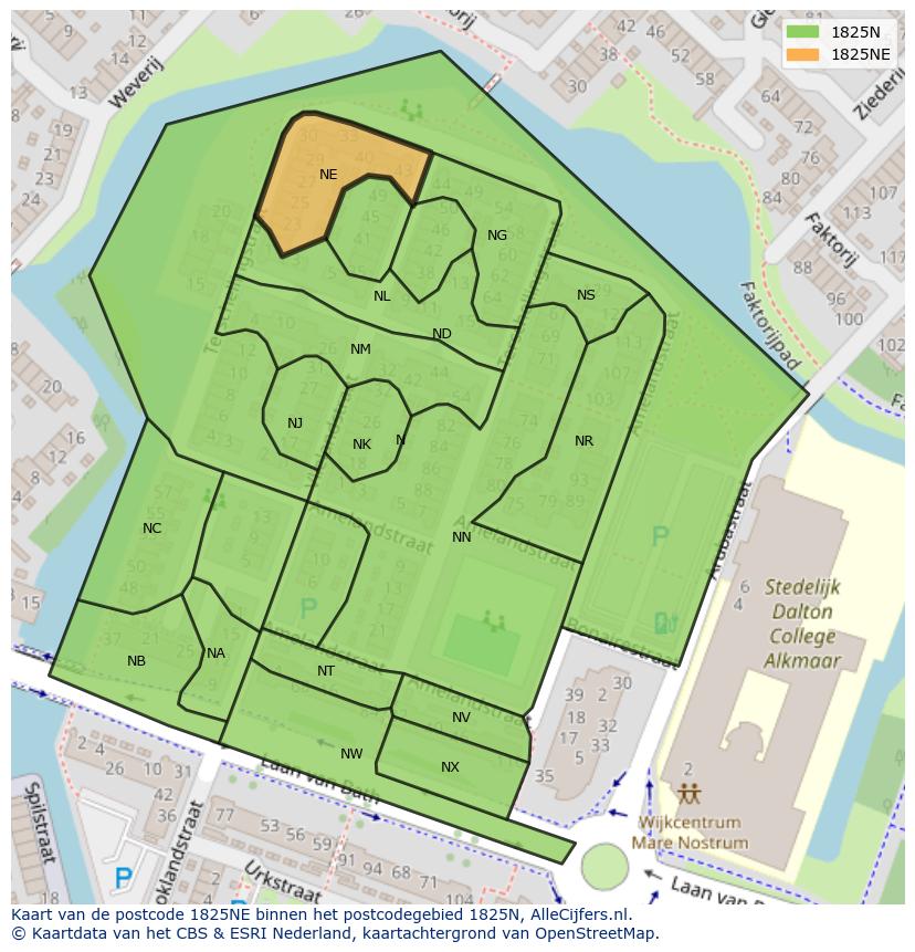 Afbeelding van het postcodegebied 1825 NE op de kaart.