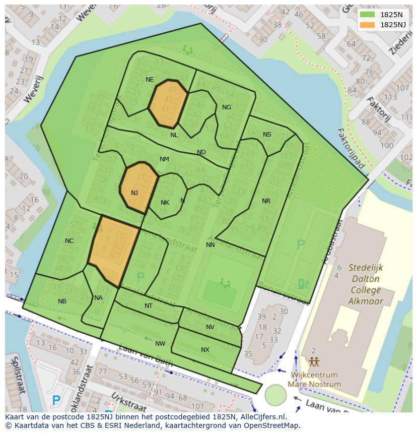 Afbeelding van het postcodegebied 1825 NJ op de kaart.