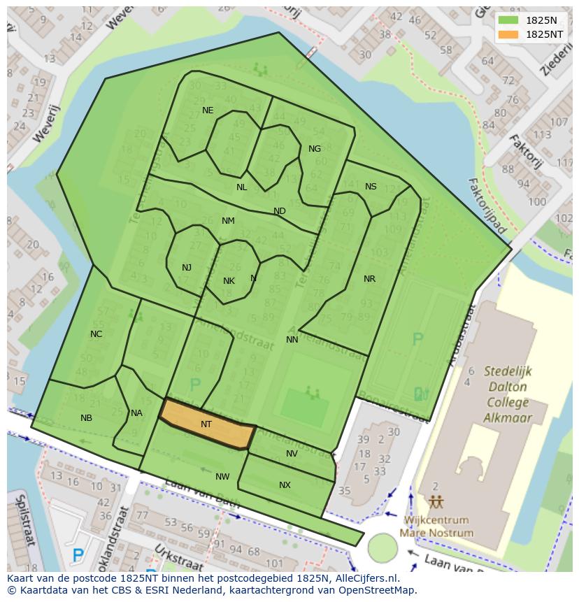 Afbeelding van het postcodegebied 1825 NT op de kaart.