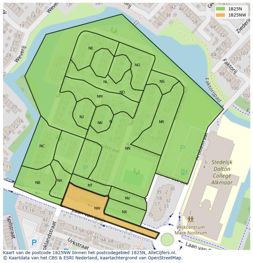 Afbeelding van het postcodegebied 1825 NW op de kaart.