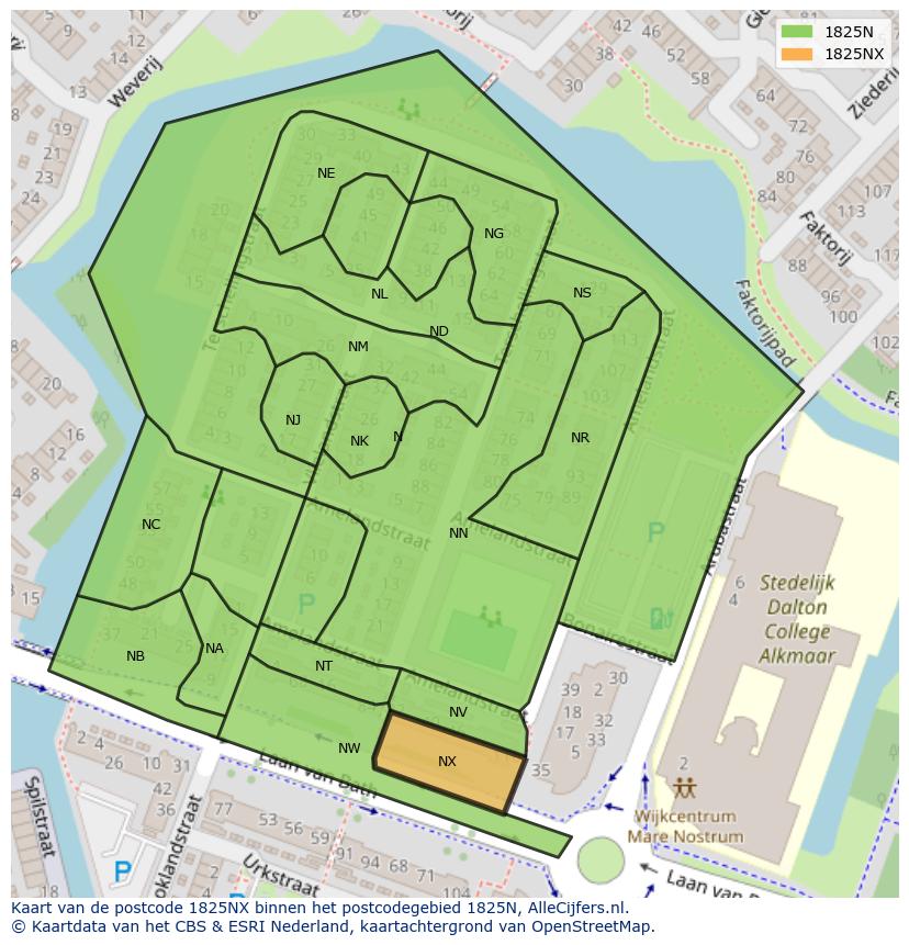 Afbeelding van het postcodegebied 1825 NX op de kaart.
