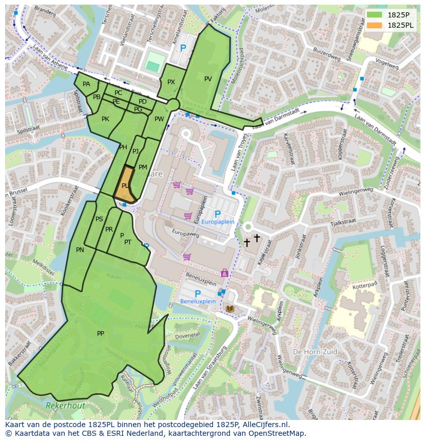 Afbeelding van het postcodegebied 1825 PL op de kaart.