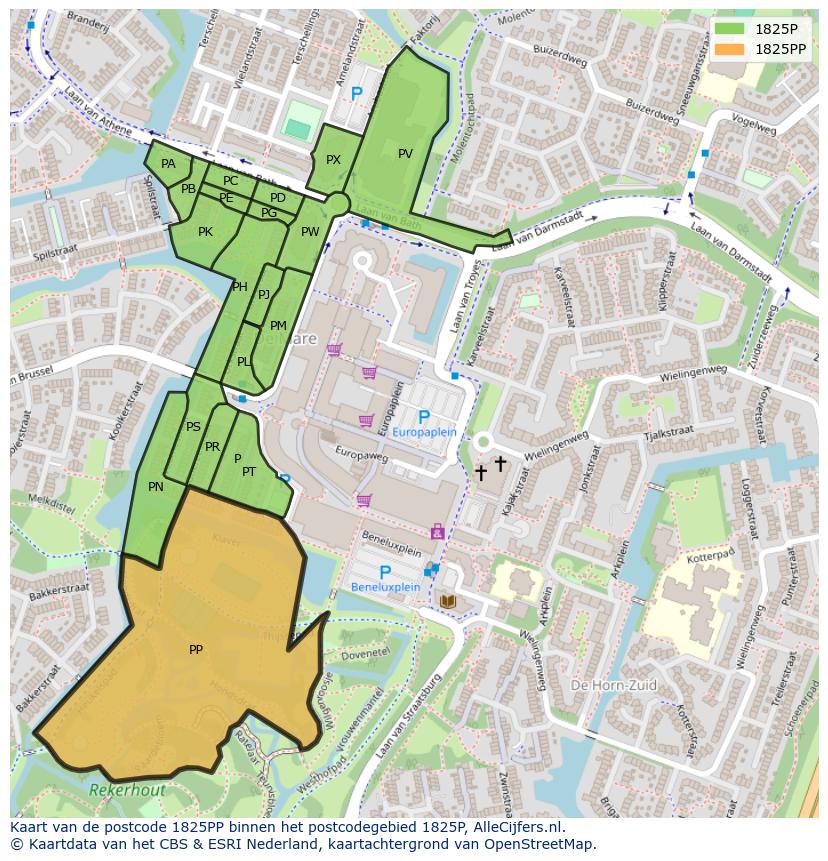 Afbeelding van het postcodegebied 1825 PP op de kaart.