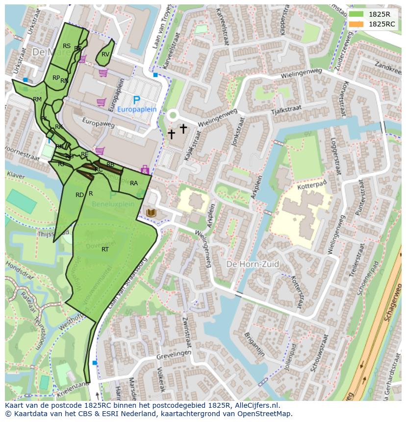 Afbeelding van het postcodegebied 1825 RC op de kaart.