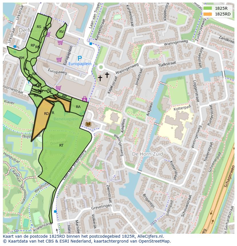 Afbeelding van het postcodegebied 1825 RD op de kaart.