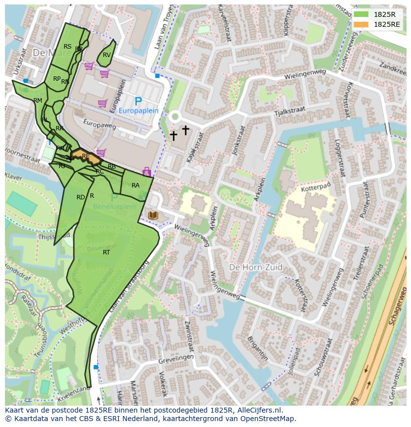 Afbeelding van het postcodegebied 1825 RE op de kaart.