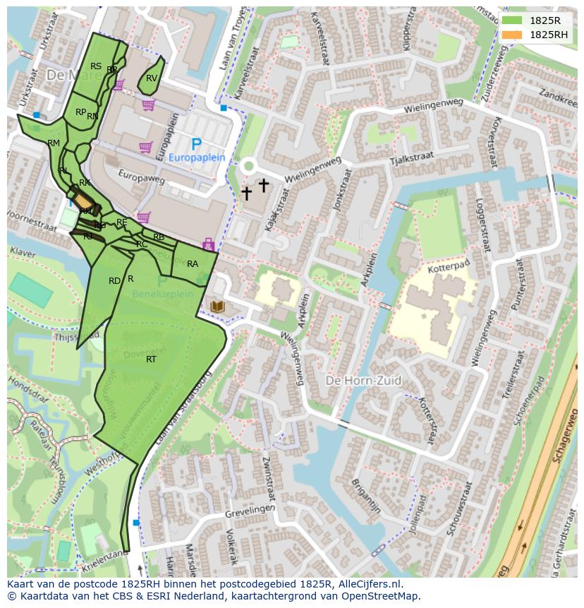 Afbeelding van het postcodegebied 1825 RH op de kaart.