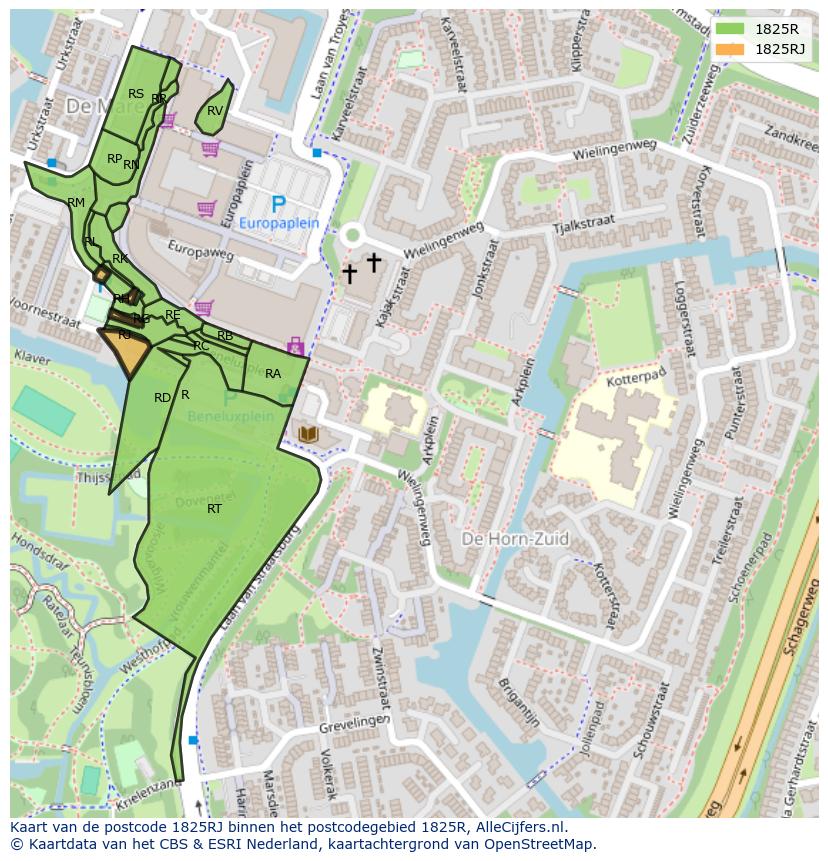 Afbeelding van het postcodegebied 1825 RJ op de kaart.