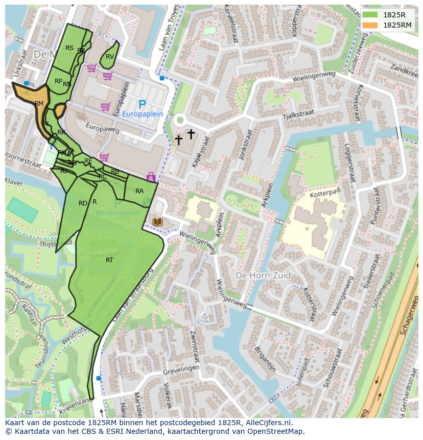 Afbeelding van het postcodegebied 1825 RM op de kaart.