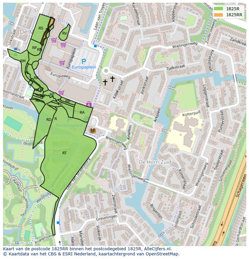 Afbeelding van het postcodegebied 1825 RR op de kaart.
