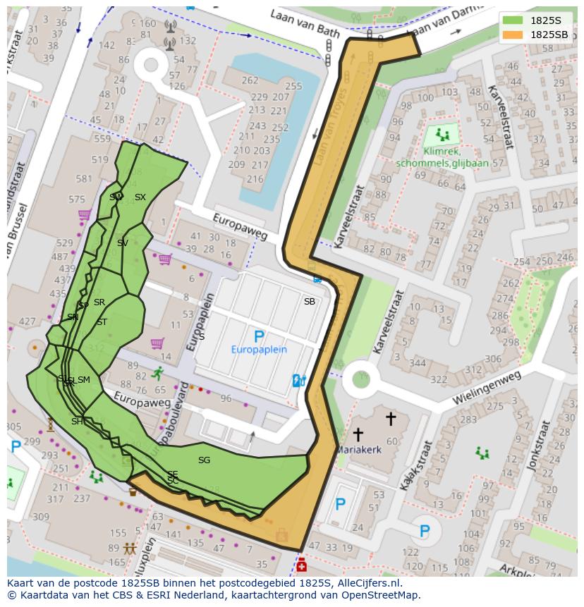 Afbeelding van het postcodegebied 1825 SB op de kaart.