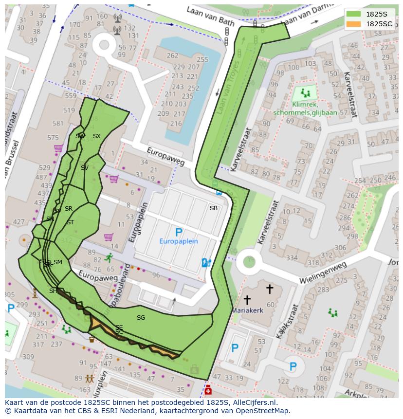 Afbeelding van het postcodegebied 1825 SC op de kaart.