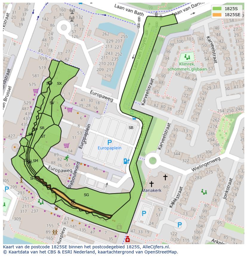 Afbeelding van het postcodegebied 1825 SE op de kaart.