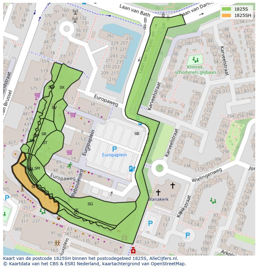 Afbeelding van het postcodegebied 1825 SH op de kaart.