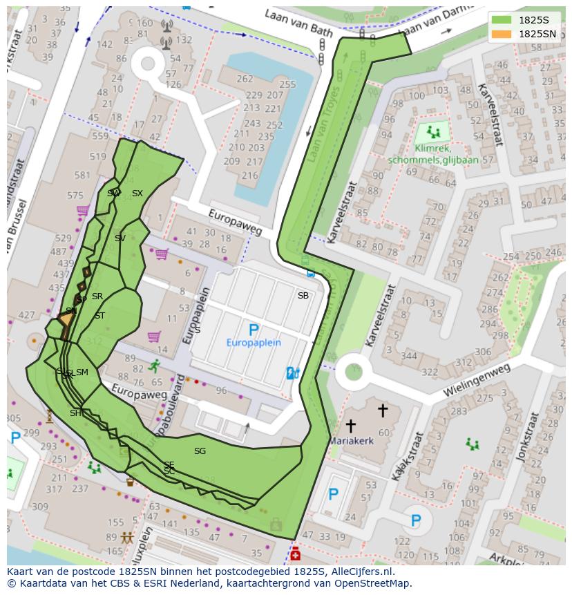 Afbeelding van het postcodegebied 1825 SN op de kaart.