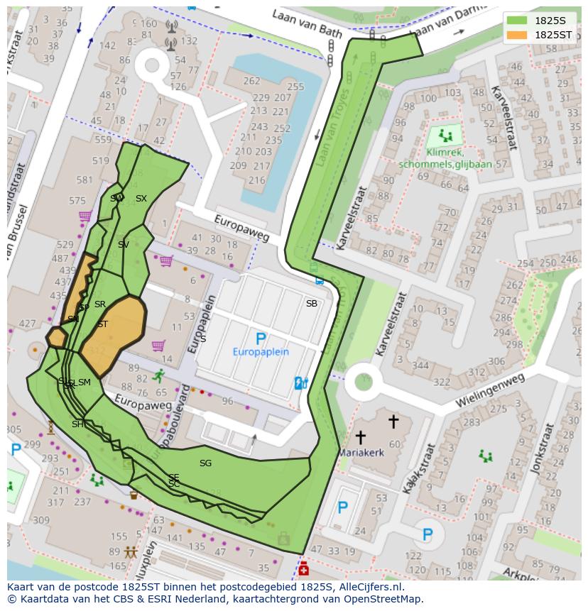 Afbeelding van het postcodegebied 1825 ST op de kaart.