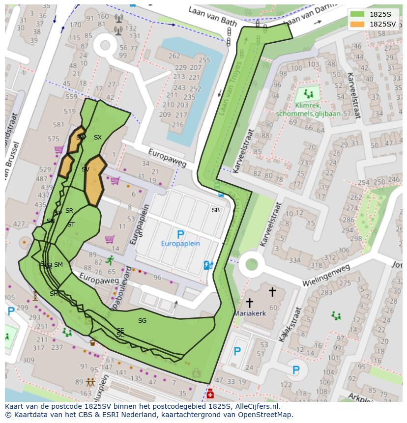 Afbeelding van het postcodegebied 1825 SV op de kaart.