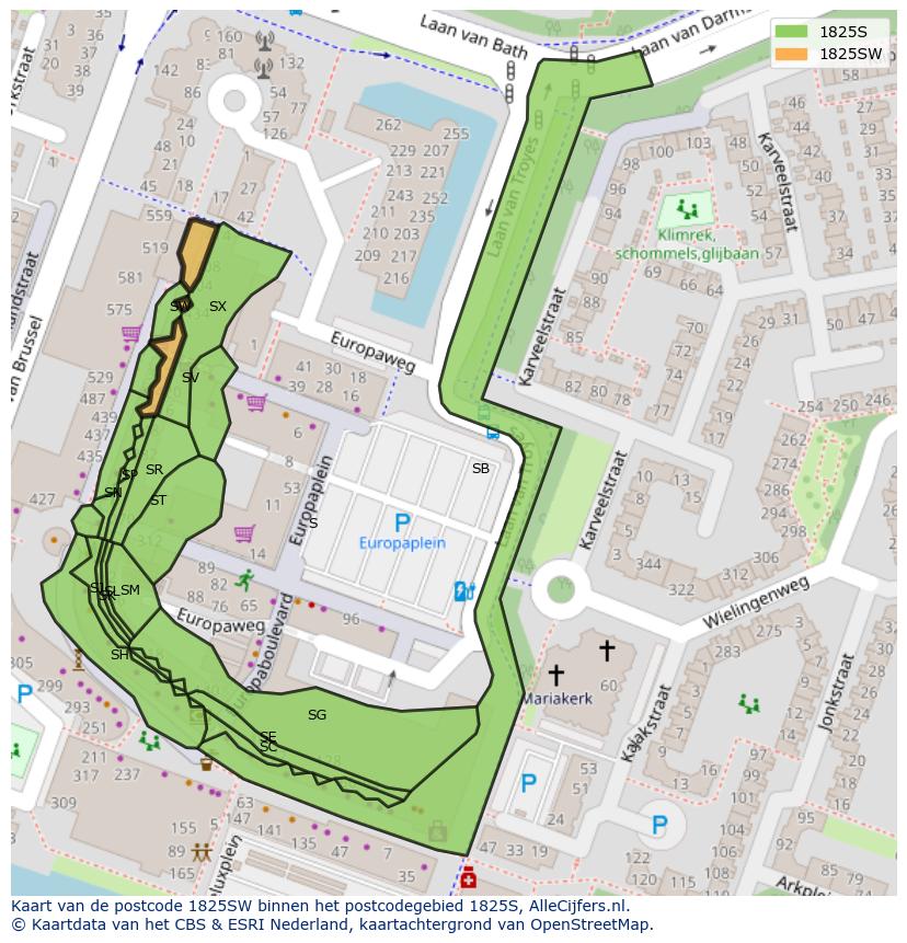 Afbeelding van het postcodegebied 1825 SW op de kaart.