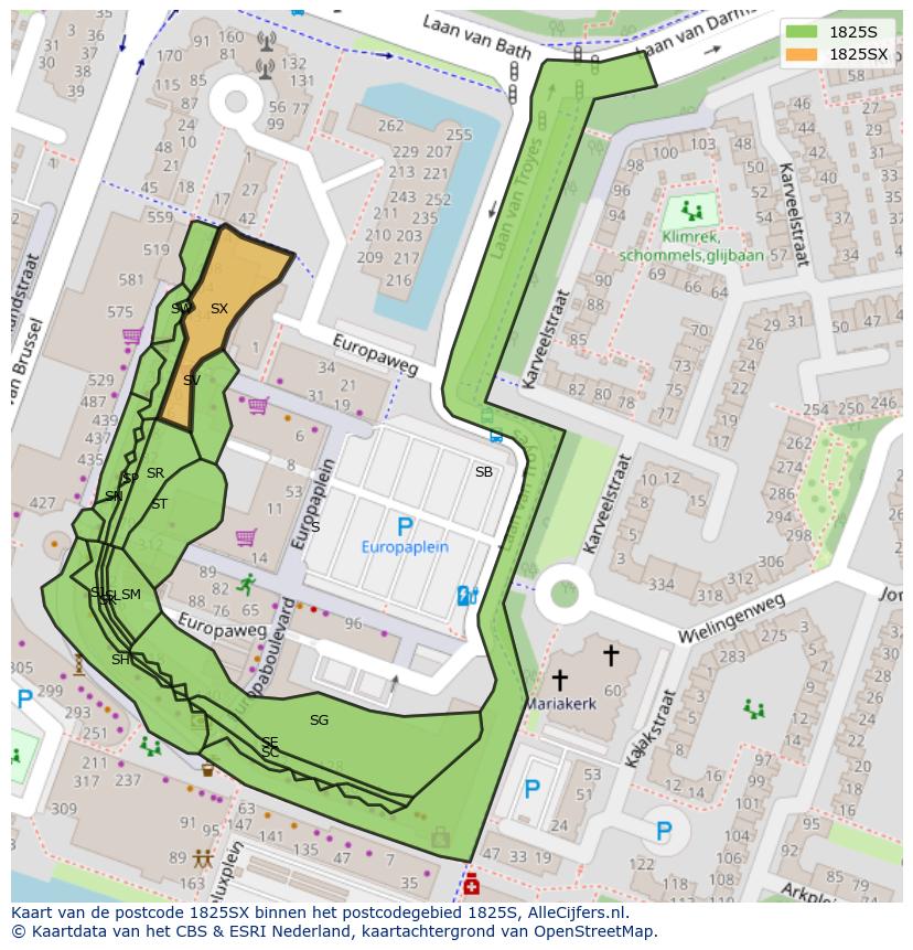 Afbeelding van het postcodegebied 1825 SX op de kaart.