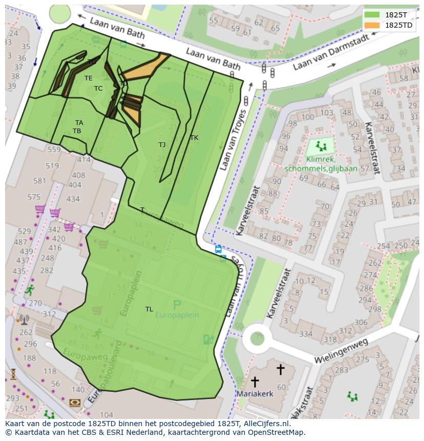 Afbeelding van het postcodegebied 1825 TD op de kaart.