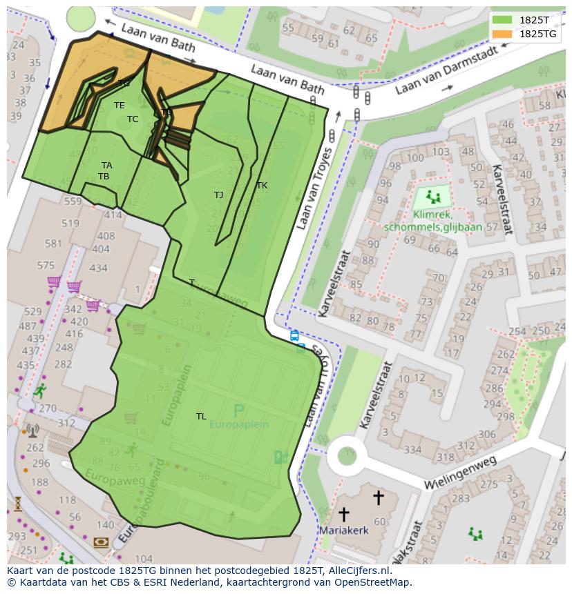 Afbeelding van het postcodegebied 1825 TG op de kaart.