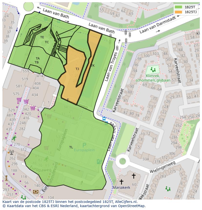 Afbeelding van het postcodegebied 1825 TJ op de kaart.