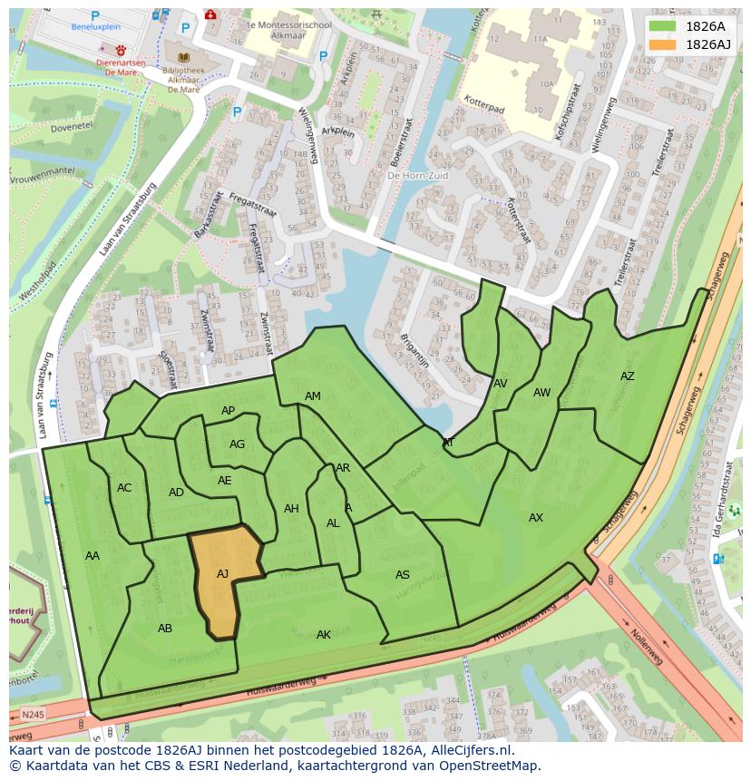Afbeelding van het postcodegebied 1826 AJ op de kaart.