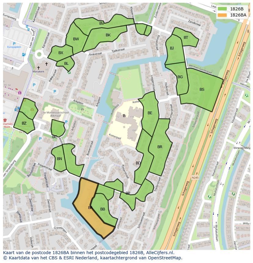 Afbeelding van het postcodegebied 1826 BA op de kaart.