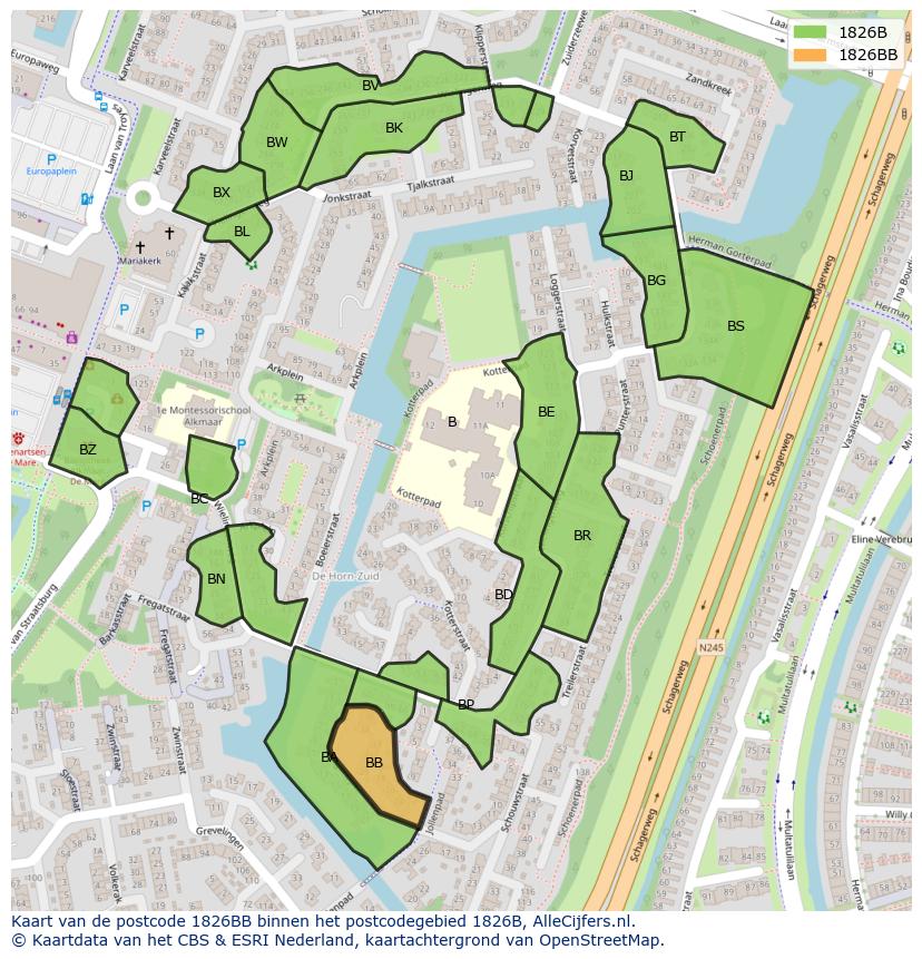 Afbeelding van het postcodegebied 1826 BB op de kaart.