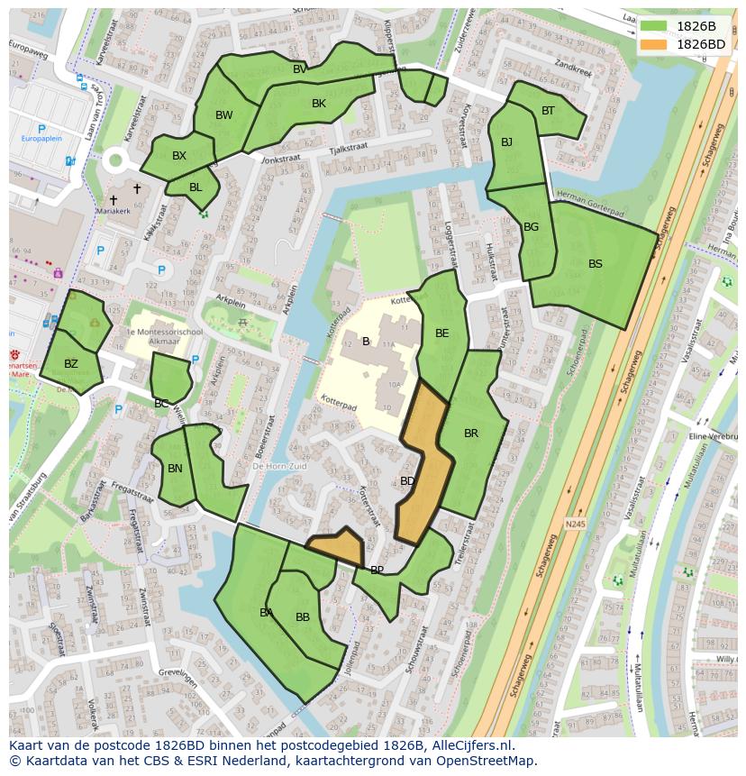 Afbeelding van het postcodegebied 1826 BD op de kaart.
