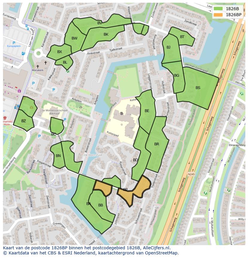 Afbeelding van het postcodegebied 1826 BP op de kaart.