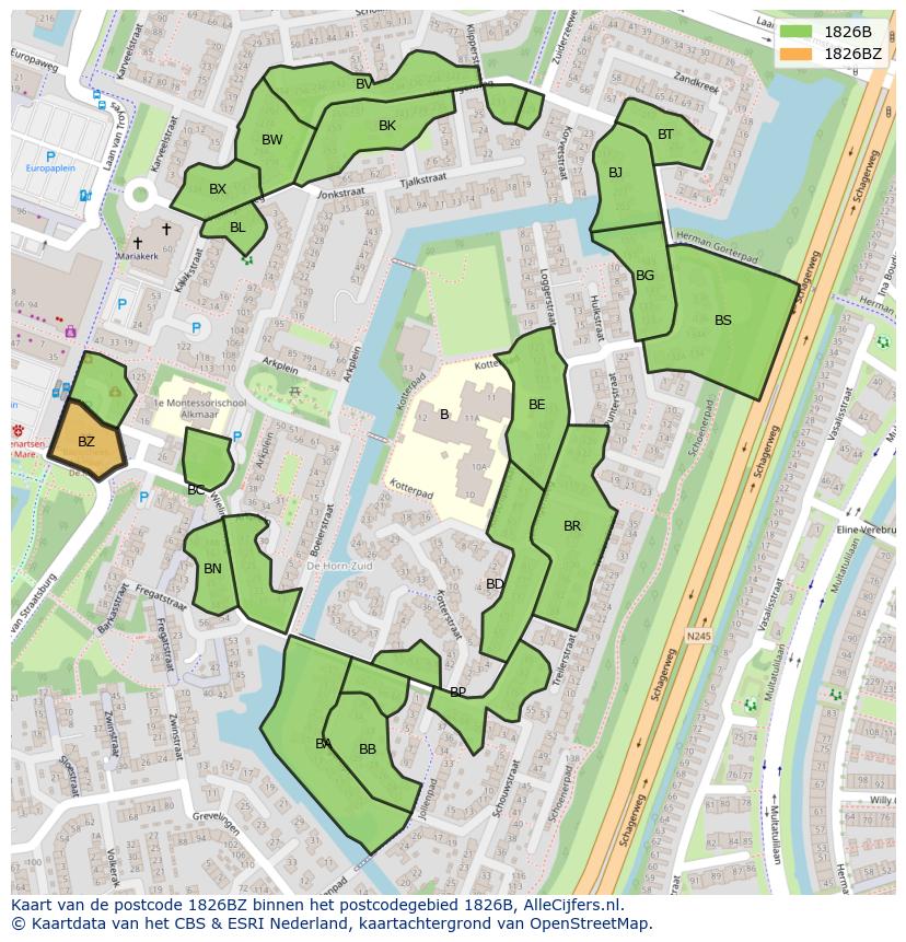 Afbeelding van het postcodegebied 1826 BZ op de kaart.
