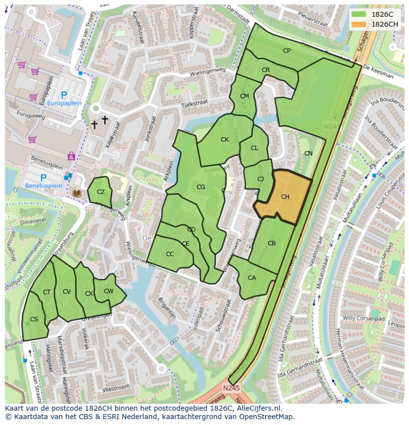Afbeelding van het postcodegebied 1826 CH op de kaart.