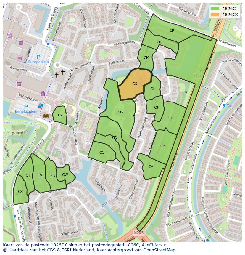 Afbeelding van het postcodegebied 1826 CK op de kaart.