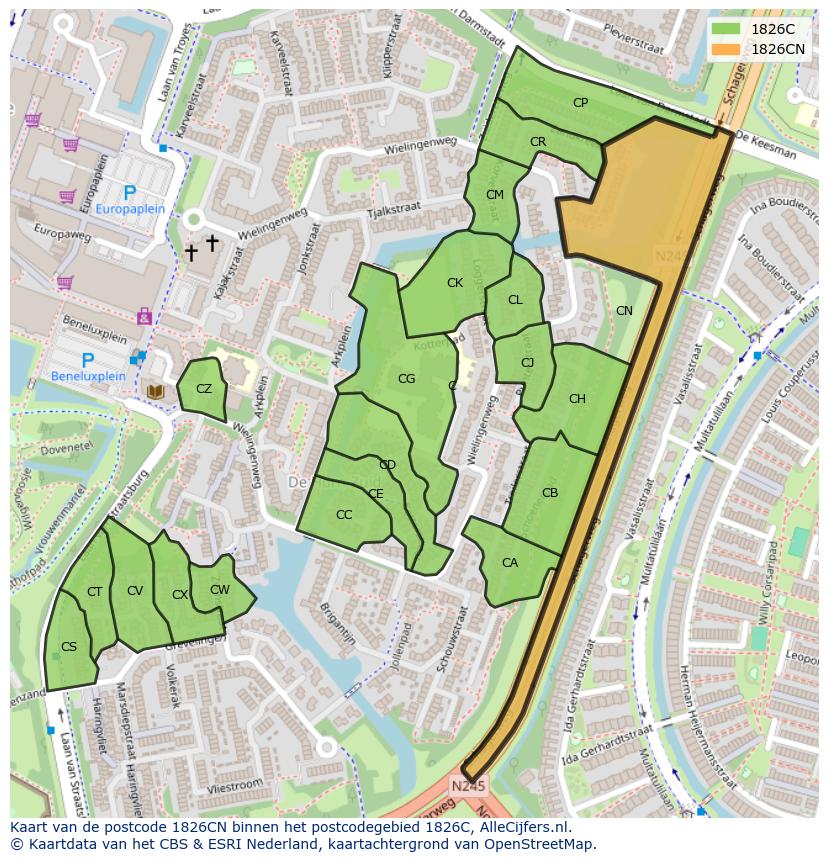 Afbeelding van het postcodegebied 1826 CN op de kaart.