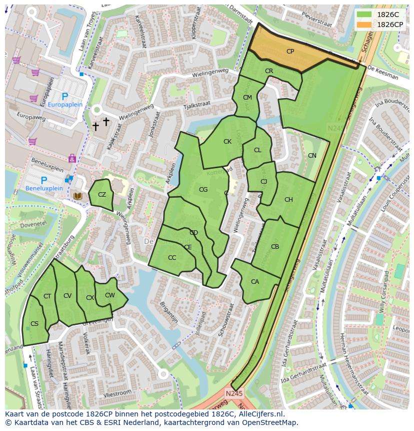 Afbeelding van het postcodegebied 1826 CP op de kaart.