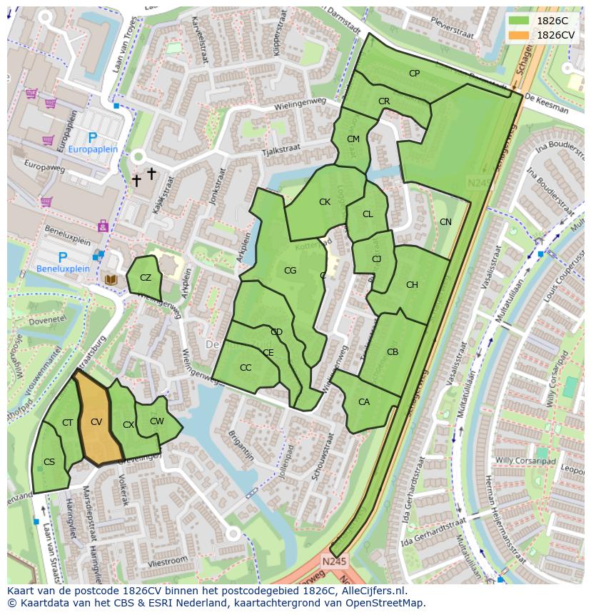 Afbeelding van het postcodegebied 1826 CV op de kaart.