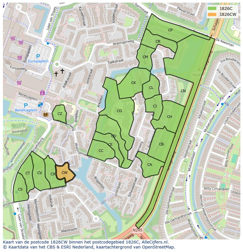 Afbeelding van het postcodegebied 1826 CW op de kaart.