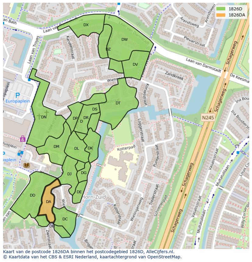 Afbeelding van het postcodegebied 1826 DA op de kaart.