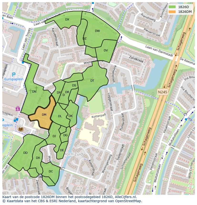 Afbeelding van het postcodegebied 1826 DM op de kaart.