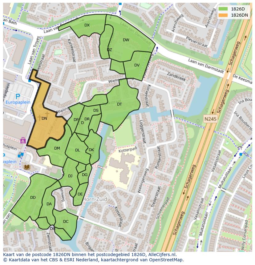 Afbeelding van het postcodegebied 1826 DN op de kaart.