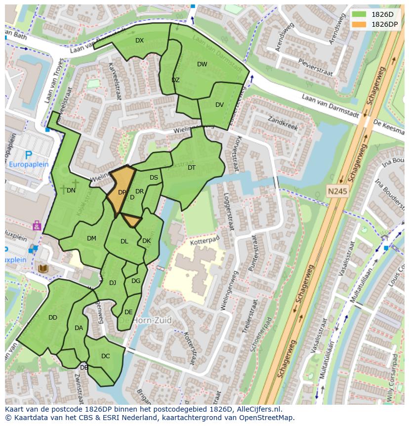 Afbeelding van het postcodegebied 1826 DP op de kaart.